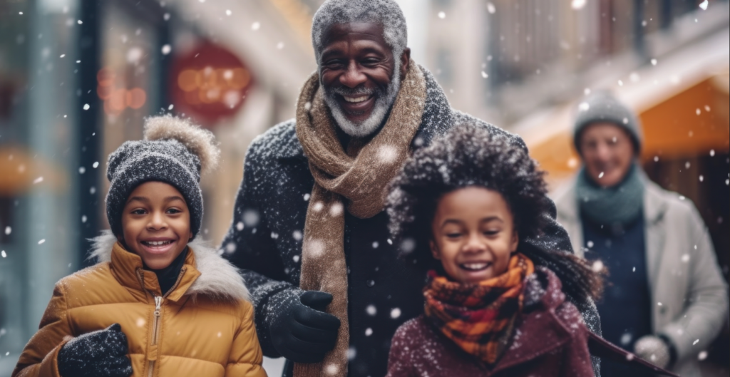 Kids with grandfather in the snow